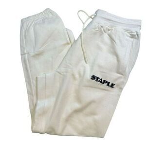 NWOT STAPLE Men’s Off White Fleece Joggers Embroidered Logo Sweatpants- Size XL